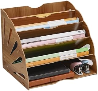 CLIPOP Desktop Letter Filing Tray Organiser, 5 Tier Wooden Desk File Storage Document A4 Paper Rack for Office & Home Desk Use