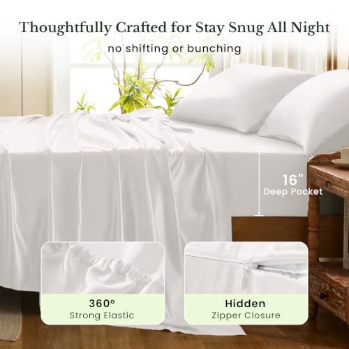 Image of THXSILK Silk Sheet Set 4 Pcs, King Size Sheet Set, Soft Breathable Cooling Bed Sheets with 1 Flat Sheet, 1 Fitted Sheet, 2 Pillowcases with Zipper Closure, White