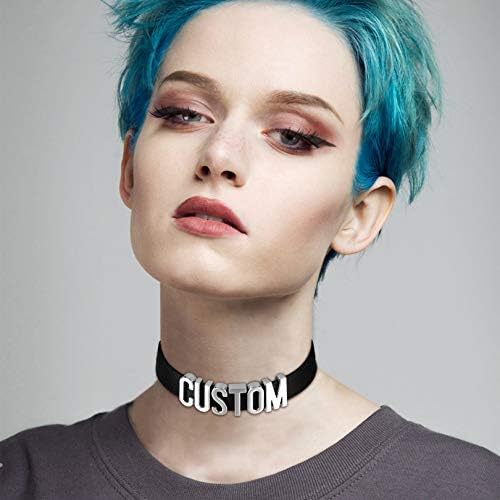 FOCALOOK Personalised Leather Choker Collar Necklace Custom Name Necklace Engraved Punk Black Choker Jewellery for Women Girls(With Gift Box)