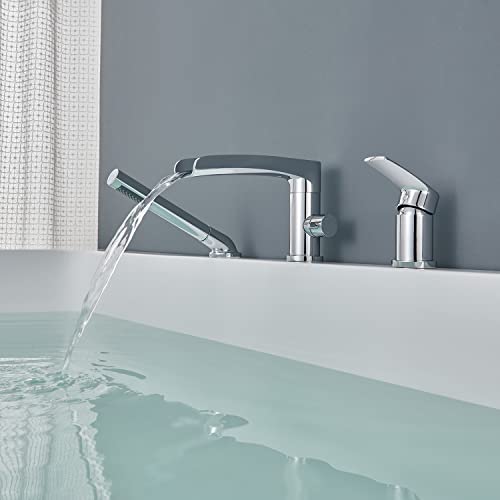 Grifo de bañera Wowkk Waterfall Roman con acabado cromado y montaje en cubierta, incluye ducha de mano miniatura 4
