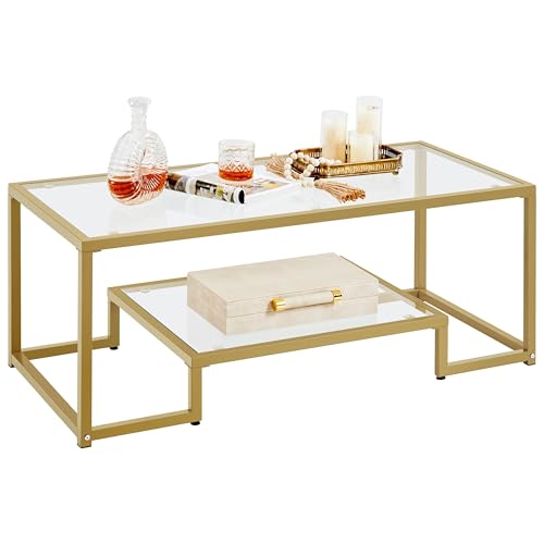 Yaheetech Gold Coffee Table, 42' Rectangular Glass Coffee Table for Living Room, 2-Tier Center Tea...