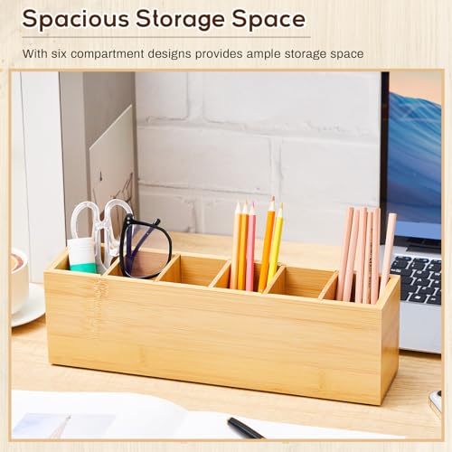 Image of Jetec Wooden Pencil Pen Holder for Desk 6 Compartments Cosmetic Makeup Brush Stationery Office Desktop Organizers for Countertop Adjustable Silverware Caddy for Party, Art Supplies,Home(Bamboo)