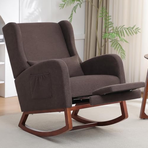 Image of HCHAIRH Rocking Chair Nursery with Foot Rest, Wingback Nursery Rocking Chairs, Nursing Glider Rocker Chair with Pillow for Nursery, Living Room, Bedroom, Dark Coffee