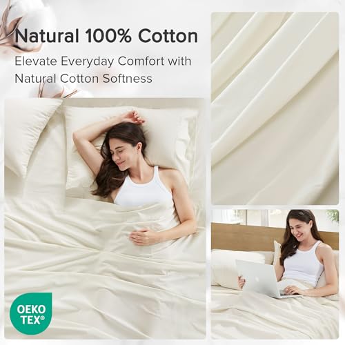 Comfort Spaces 100% Cotton Sheets Queen, Breathable, Ultra Soft Cotton Sheets, Naturally Cool Cotton Bed Sheets with 14" Elastic Pocket Fits up to 16" Mattress, All Season Sheet Set, Ivory 4 Piece