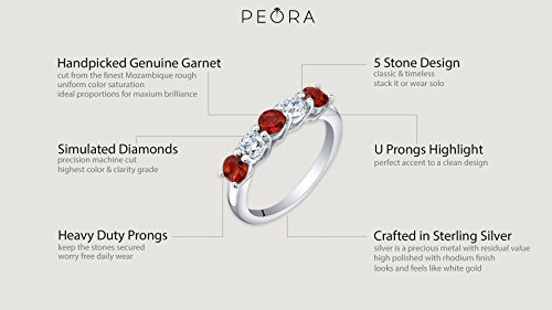 Peora Garnet Five-Stone Trellis Ring Band For Women, Natural Gemstone Birthstone, 0.75 Carat Total Round Shape, Size 7 #TOP3