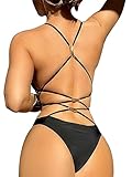 Lilosy Sexy Criss Cross Plunge V Neck Backless High Cut Leg Thong Cheeky Brazilian One Piece Bikini Swimsuit Women Open Back Bathing Suit Monokini Black Medium