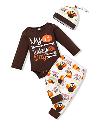 Hipea My First Thanksgiving Baby Boy Outfit Pumpkin Romper and Turkey Pants Infant Newborn Thanksgiving Clothing Sets