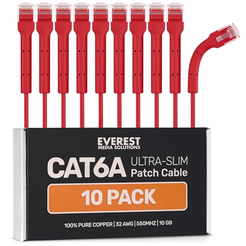 Image of Everest Ultra Slim Cat6a Ethernet Patch Cables 2ft (10-Pack) Red | Bendable, Thin and Flexible