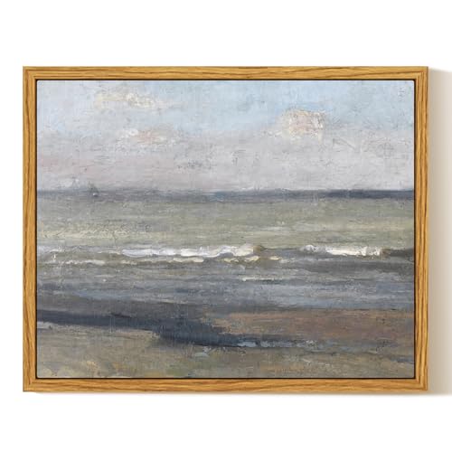InSimSea Framed Canvas Wall Art, Vintage Coastal Landscape Painting, Rustic Nature Scenery Decor for Living Room Shelf Hallway,10x8in, Soft Blue Tones