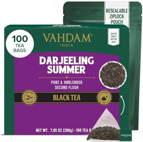 VAHDAM Darjeeling Schwarztee | 100 Teebeutel, Second Flush | Unvermischter Darjeeling Tee aus Indien mit fruchtigen Muskatellernoten, mittlerer Koffeingehalt