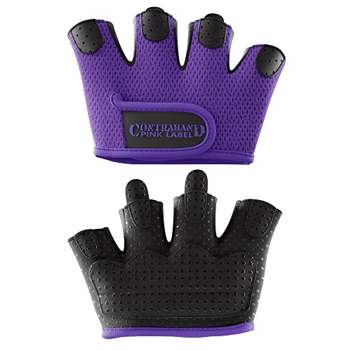 Contraband Pink Label 5537 Womens Micro Weight Lifting Gloves w/Grip-Lock Silicone Padding (Pair) - Minimalist Half Gloves - Apple Watch Friendly (Purple, Medium)