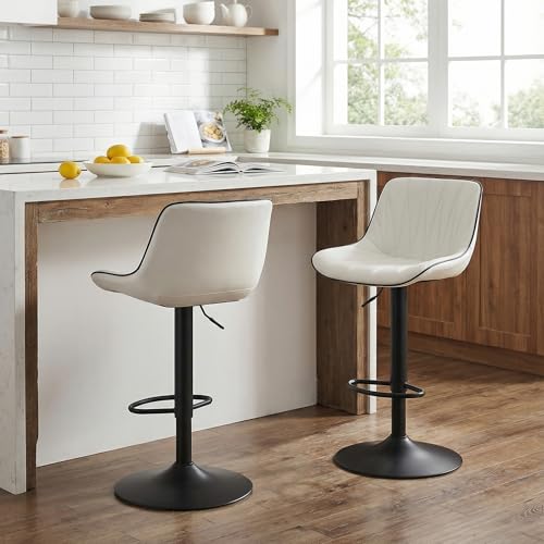 YOUNIKE Bar Stools Set of 2 for Kitchen Island, White Faux Leather Padded Bar Stools, Adjustable Barstools with Back, Modern Tall Bar Stools with 300LBS Support, Counter Height Swivel Bar Chairs - Thumbnail 5