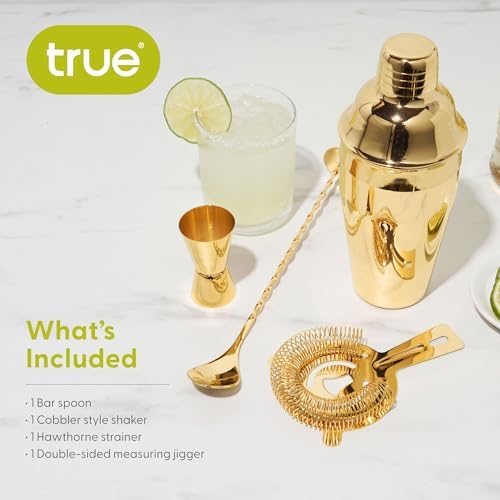 True 4-Piece Cocktail Shaker Set Includes Cobbler Shaker, Strainer, Jigger, Bar Spoon for Classic Cocktails, Mixed Drinks, Cold Brew, Home Bar Tools, Bartender Gifts, Bar Cart Accessories, Gold - Thumbnail 2