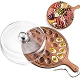 FillTouch Easter Acacia Wood Deviled Egg Platter with Lid and Handles 24 Holes Round Deviled Egg Tray Holder Reversible Wooden Charcuterie Board Serving Containers for Countertop Thanksgiving