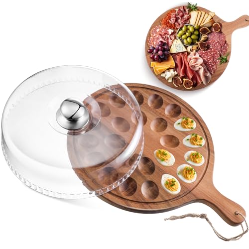 FillTouch Easter Acacia Wood Deviled Egg Platter with Lid and Handles 24 Holes Round Deviled Egg Tray Holder Reversible Wooden Charcuterie Board Serving Containers for Countertop Easter Party