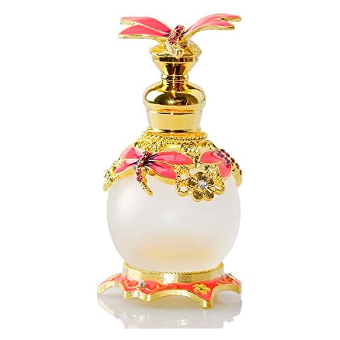 15ml Decorative Vintage Perfume Bottles Glass Refillable Frosted Lotion Bottle Empty Essential Oils Bottles with Pink Dragonfly Figurine Collectibles Cover