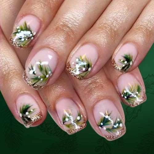 Christmas Press on Nails Short Square Fake Nails with Designs Christmas Tree Leaves Stick on Nail Glitter French Acrylic False Nail White Dots Artificial Nail Full Cover Glue on Nails for Women