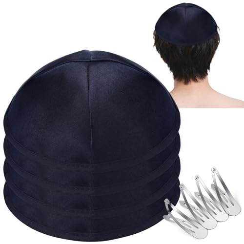 Chicingyou 4 Pcs Judaica Satin Kippot 15.8 cm Satin Yarmulke for Men Kippah Packs with Kipa Clips Designed in Israel-Kippot Bulk (Blue Navy)