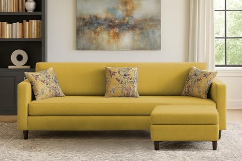 Image of Casaliving Premium Lifestyle Fabric 5 Seater L Shape Sofa Set 4 Seater Modern Sofa Set & Ottoman for Living Room (Yellow Color)