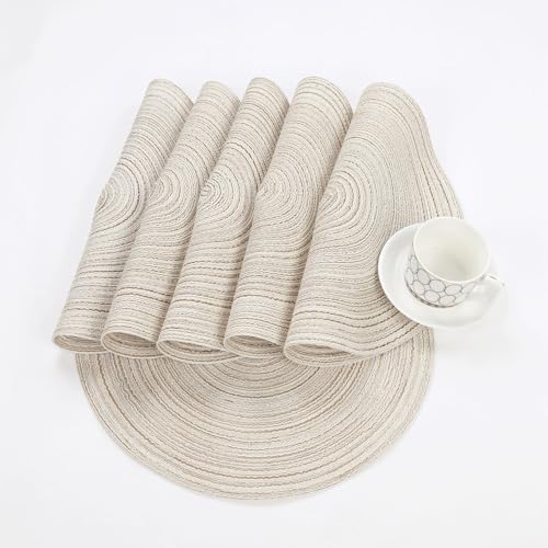 Image of SHACOS Round Placemats Set of 6 Braided Circle Place Mat Washable 15 inch Table Mats for Kitchen Dining Table Decor Mixed Color (Ivory, 6)