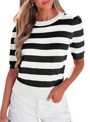 EVALESS Women's Short Sleeve Sweaters Tops Trendy Crewneck Striped Hollow Out Knit T Shirts Casual Summer Blouses
