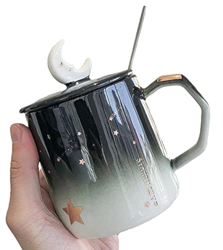 seelucky Mondbecher mit Löffel Deckel Stern Keramik Kaffeetasse Mond Tee Milchtasse Geschenk Büro Zuhause (Mondstern, 400ml)