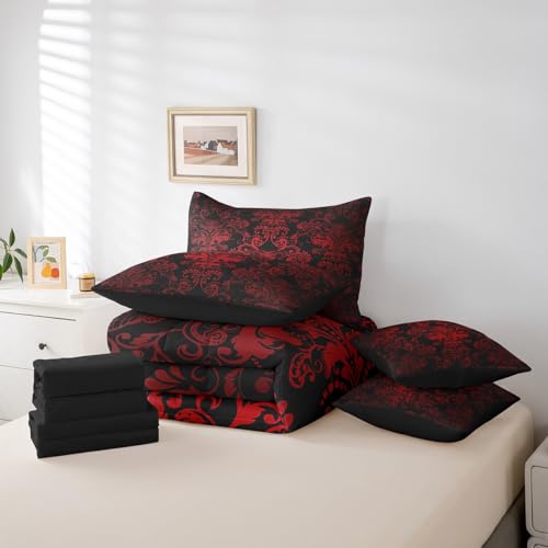 Erosebridal Gothic Damask 7 Piece Comforter Set Full Bed in a Bag,Exotic Moth Bedding Sets Red Black Victorian Floral Goth Sheet Set with Comforter - Image 7