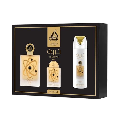Lattafa Pride Tharwah Gold Geschenkset für Damen, 100 ml Eau de Parfum + 200 ml parfümiertes Körperspray + 20 ml Reise-EDP und eine nachfüllbare Flasche, 3-teilig