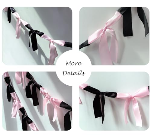 Image of Pink & Black Satin Bow Garland 6FT | Coquette & Cowgirl Birthday Banner, Pre-Tied Ribbon Bow Knot Decoration for Girls, Bridal Shower, Baby Room & Party Backdrop Decor