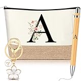 Hestya 3 Piezas Regalos para Mujer con Inicial Floral Bolsa de Maquillaje Llavero Bolígrafo Regalos para Mamá Amiga Novia Dama de Honor Cumpleaños(Letra A,Blanco,Madera)