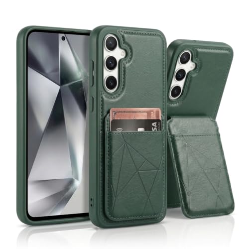 Image of amazon basics Premium Vegan Leather Back Cover with Card Holder and Integrated Mobile Stand for Samsung Galaxy S23FE 5G - Slim Shockproof Wallet Case with Geometric Stitching [Green]