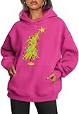 Earlymemb Womens Funny Christmas Tree Oversized Hoodies Fleece Sweatshirts Xmas Tree Lights Graphic Holiday Long Sleeve Sweaters Winter Pullover with Pocket(M,X-Pink)