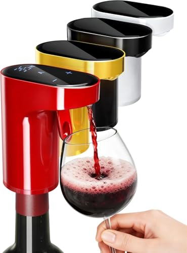 Aireador de vino – Vertido cuantificado eléctrico – Vino compacto vertido con dosificación ajustable – Vertido automático de bebidas para todos los tamaños de botella – Diseño fácil de usar (Rojo)