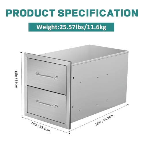 Image of Outdoor Kitchen Drawers 14 inch W x 15 inch H x 23 inch D Stainless Steel Drawer BBQ Double Drawers with Chrome Handle for Outdoor Kitchen Island, Patio Grill Station