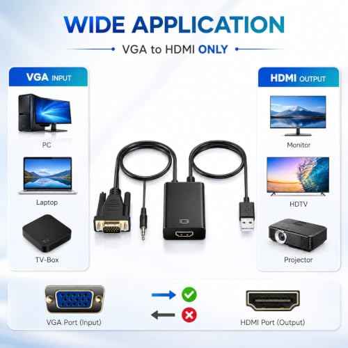 Image of FORIDA VGA to HDMI Adapter with USB and Audio, VGA to HDMI Converter for Laptop /PC to HDTV HDMI Connector (Support VGA to HDMI only)