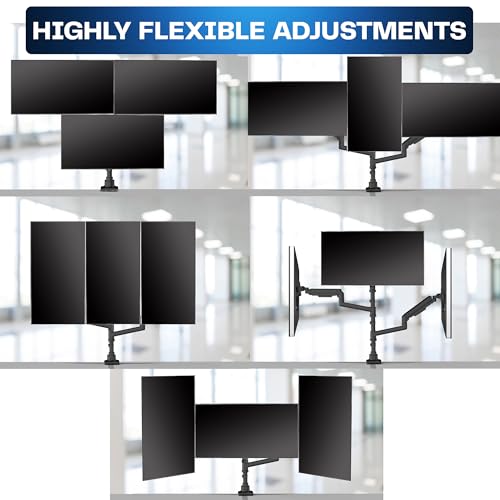 Image of VIVO Pneumatic Arm Triple Ultrawide Monitor Extra Tall Desk Mount for Up to 49 inch Screens, Heavy Duty Clamp, Holds 3 Ultra Wides Up to 44 lbs, Black, STAND-V300D