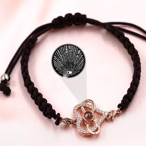 Image of 100 Languages I Love You Bracelet Necklace Heart Projection Bracelets Adjustable Braided Rope Friendship Love Gifts for Mom Best Friends