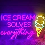 Ice Cream Solves Everything LED Neon Sign, Custom Coffee Bar Decor Neon Light Restaurant Wall Decoration Gelato Frozen Yogurt Shop Sign(20x11inches)