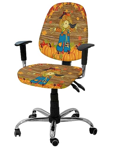 Jolunifun Scarecrow Pumpkins Office Chair Covers Stretchable 2 Piece, Soft Decorative Computer Desk Chair Cover Protector Universal Rotating Chair Slipcover Country Thanksgiving Maple Wood Grain