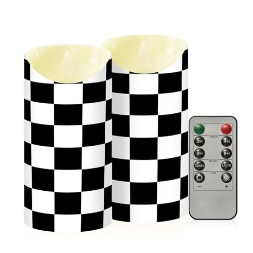 Flradish 2 Pack Black White Checkerboard Flameless Candles Battery Operated LED Candles with Remote and Timer for Wedding, Party and Holiday Decoration