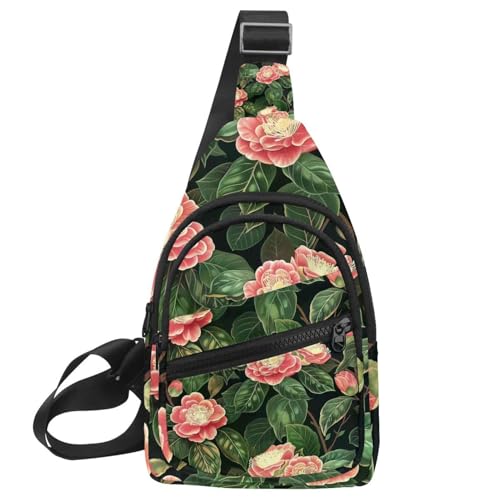 Mochila cruzada de camelia rosa multicolor con correa regulable unisex