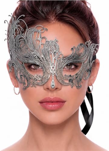Image of Metal Filigree Masquerade Mask for Women - Swan Style Mask with Rhinestones for Mardi Gras, Prom, Halloween & Venetian Party