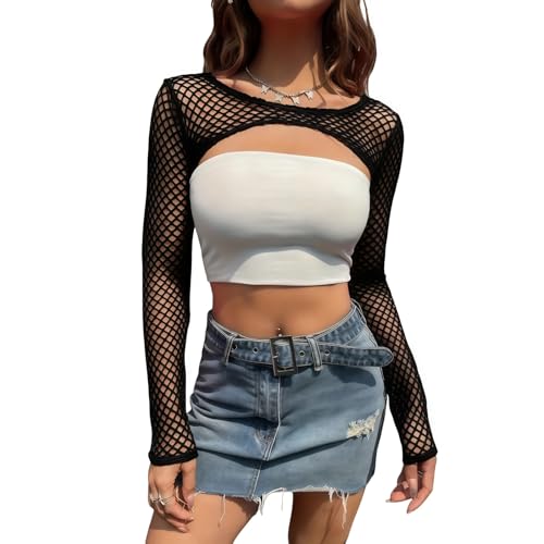 DUOYIJIN Mesh Fishnet Tops for Women Long Sleeve Shrug Fishnet Novelty Crop Tops Y2K Clubwear Ladies Disco Retro Outfit 1980s Costume Black