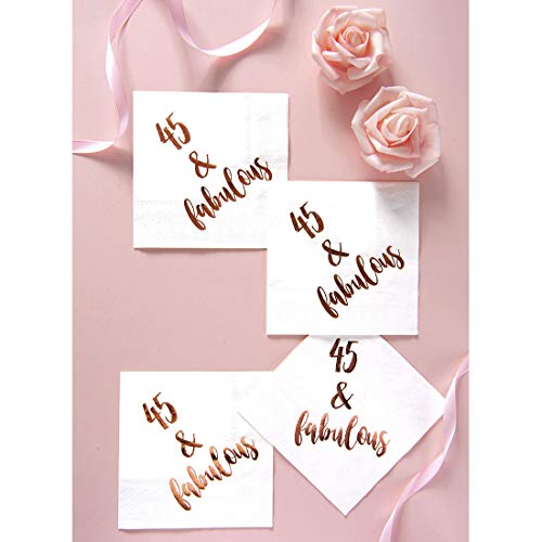 45 & Fabulous Cocktail Napkins, 50-Pack 3ply White Rose Gold 45th Birthday Dinner Celebration Party Decoration Napkin