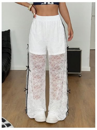 SOLY HUX Women's Lace Wide Leg Pants Y2k Bow Elastic High Waisted Baggy Pants Sheer Long Trousers2