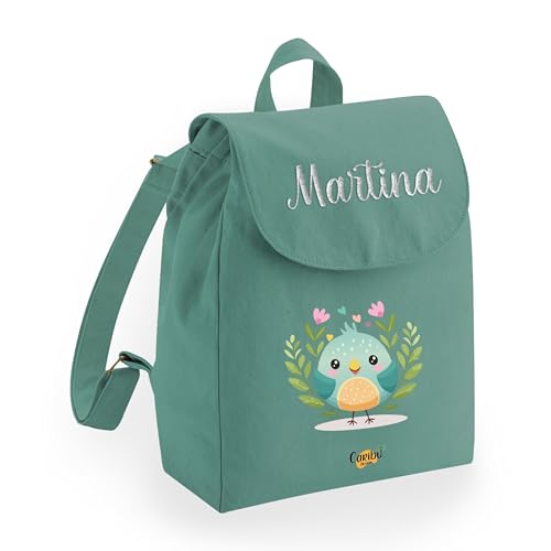 Caribu design Zainetto Bambino Bambina 100% Cotone Organico Personalizzato con Nome - Zaino Piccolo da Bimbo - Cartella Personalizzabile per Scuola Asilo Materna Sport Gite Viaggi 22x30x12 cm (Verde)