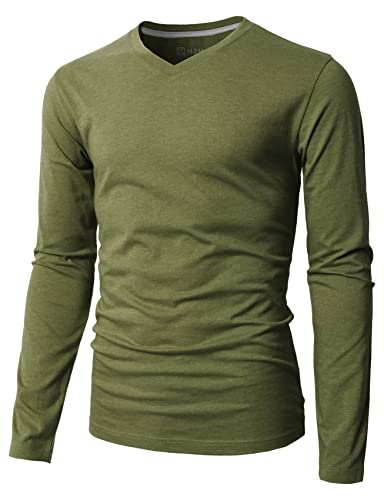 H2H Comfortably Stylish Mens V-Neck Long Sleeve Slim Fit T-Shirts OliveGreen US L/Asia XL (KMTTL0374)