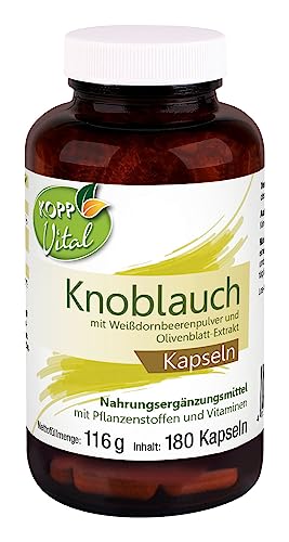 Kopp Vital Knoblauch Plus | 105 g | 180 Kapseln | Plus Weißdorn-Pulver | Olivenblatt-Extrakt | Nahrunsergänzungsmittel