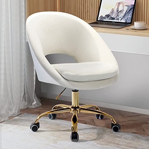 FABRICATION HAUS Desk Home Office Velvet Chair Swivel Height Adjustable Armless Padded Cushion Task Chair with Gold Base Chair for Bedroom Vanity(IVORY)