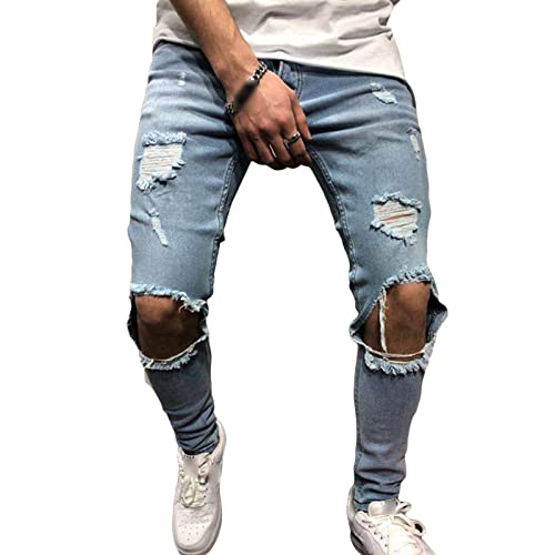 Men's Stretchy Knee Ripped Jeans Slim Fit Distressed Denim Pants Destroyed Causal Skinny Elastic Denim Trousers